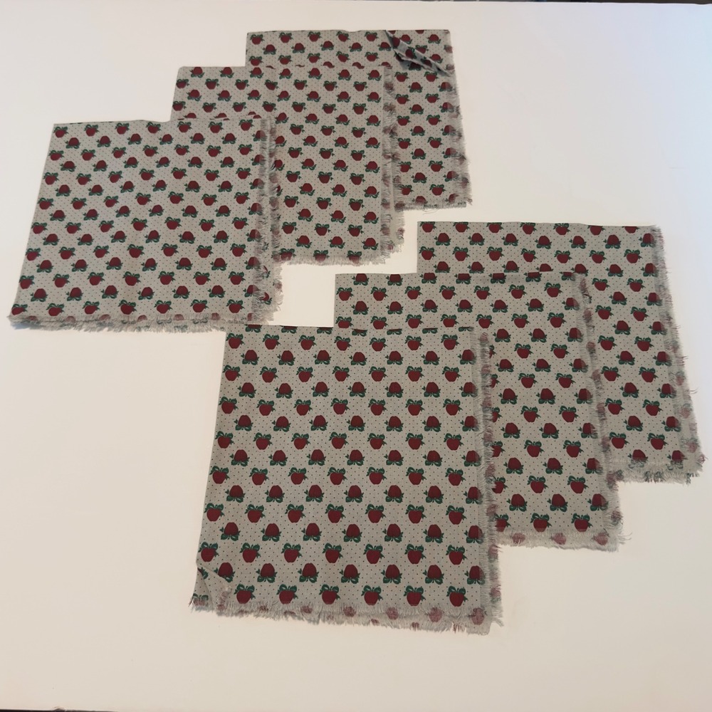 Vintage Style Gray Red Apple Print Frayed Edge Cloth Napkins Set of‎ 6 Farmhouse